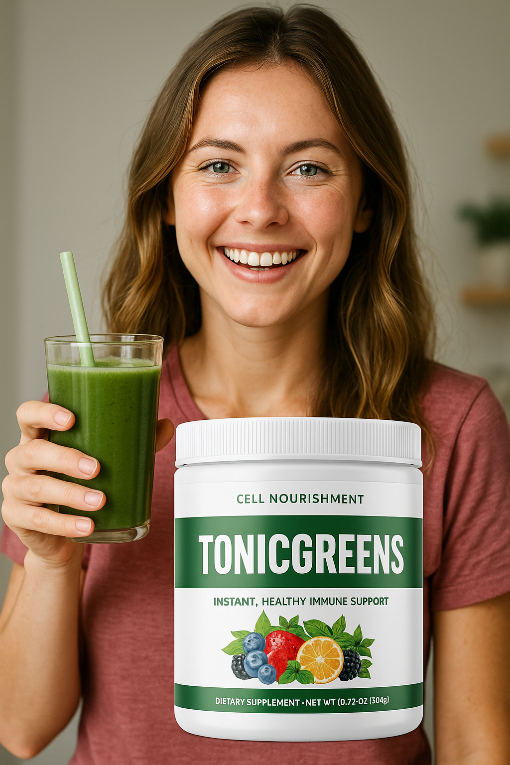 Smiling woman holding green smoothie and TonicGreens