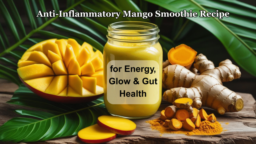 Bright yellow anti-inflammatory mango smoothie in a glass jar, surrounded by fresh mango, ginger, and turmeric — a tropical blend for natural healing.