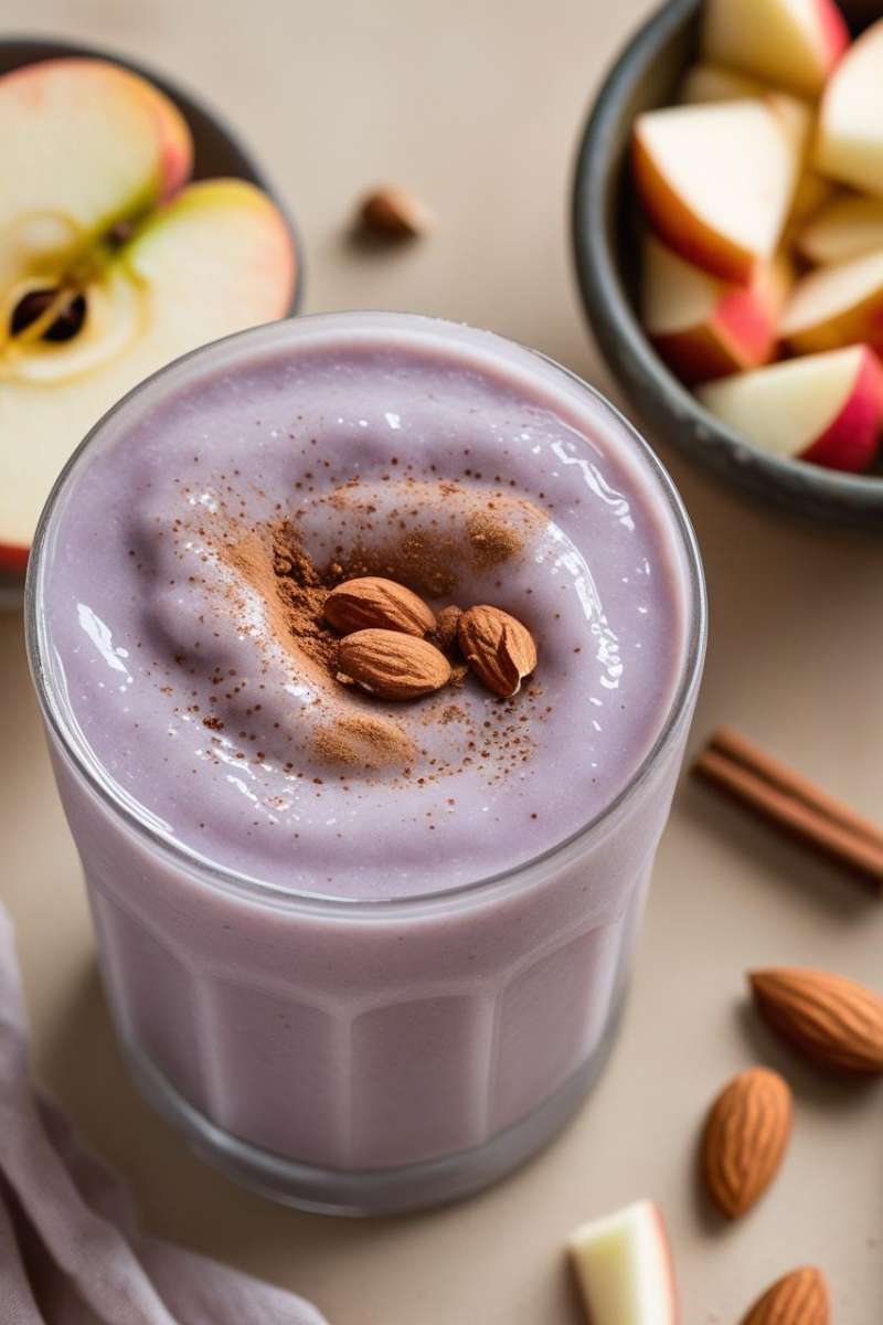 A thick blueberry smoothie with chopped apples, almonds, and a sprinkle of cinnamon — a comforting and nutritious treat for any time of day.