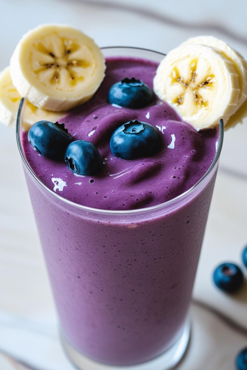 Creamy blueberry and banana smoothie topped with chia seeds — the perfect energizing and delicious start to your morning.