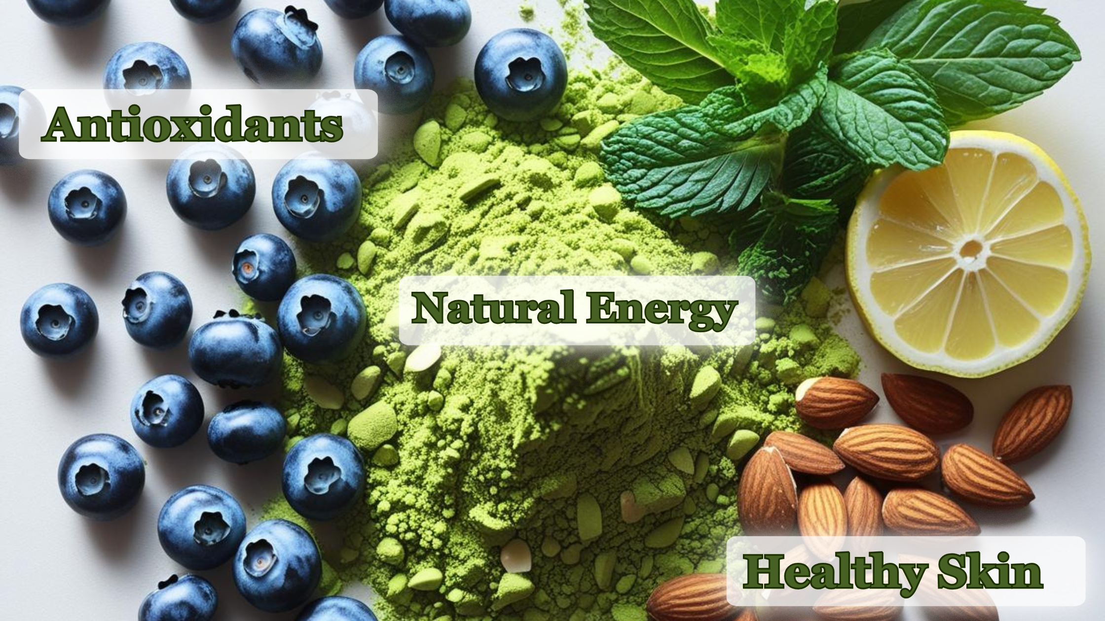 Aesthetic flat lay of natural smoothie ingredients: blueberries, greens powder, mint, lemon, and almonds — packed with antioxidants, nutrients, and flavor.