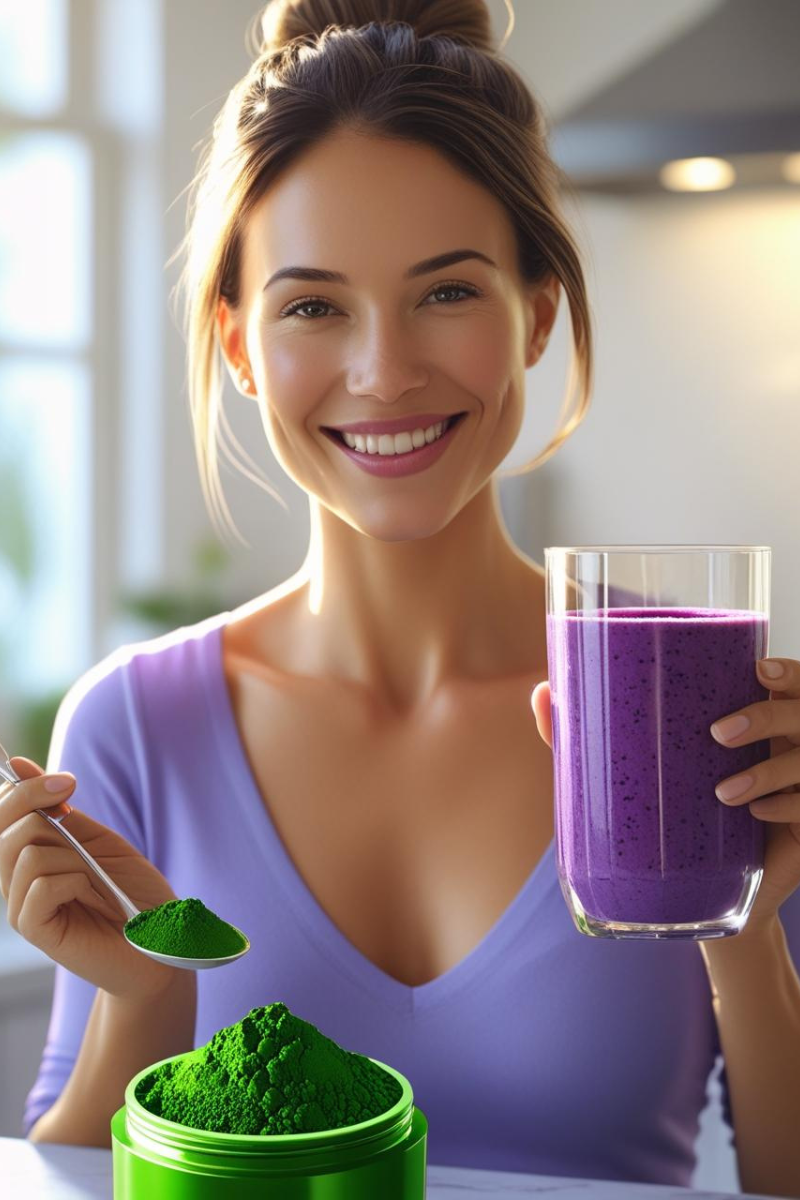 A smiling woman in her 30s holding a blueberry smoothie and a spoonful of greens powder, with a blurred TonicGreens jar in the background — a natural blend for energy, immunity, and inner balance.