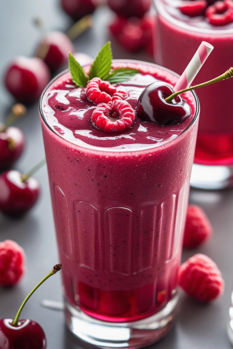 Deep red cherry smoothie with raspberries and kombucha, served with lemon zest and a sprig of rosemary in a clear glass.