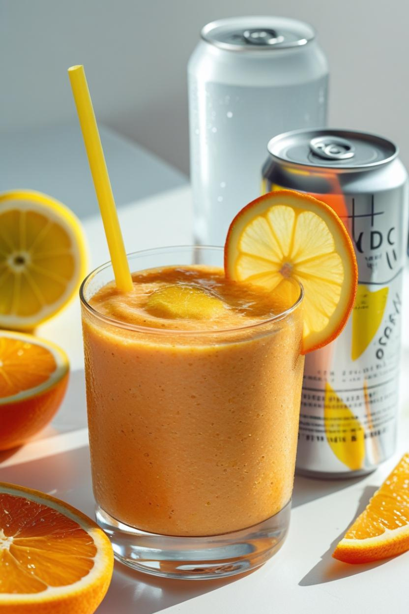 Citrus smoothie with orange and lemon, lightly sparkling, served with coconut water ice cubes and a sugar-rimmed glass.