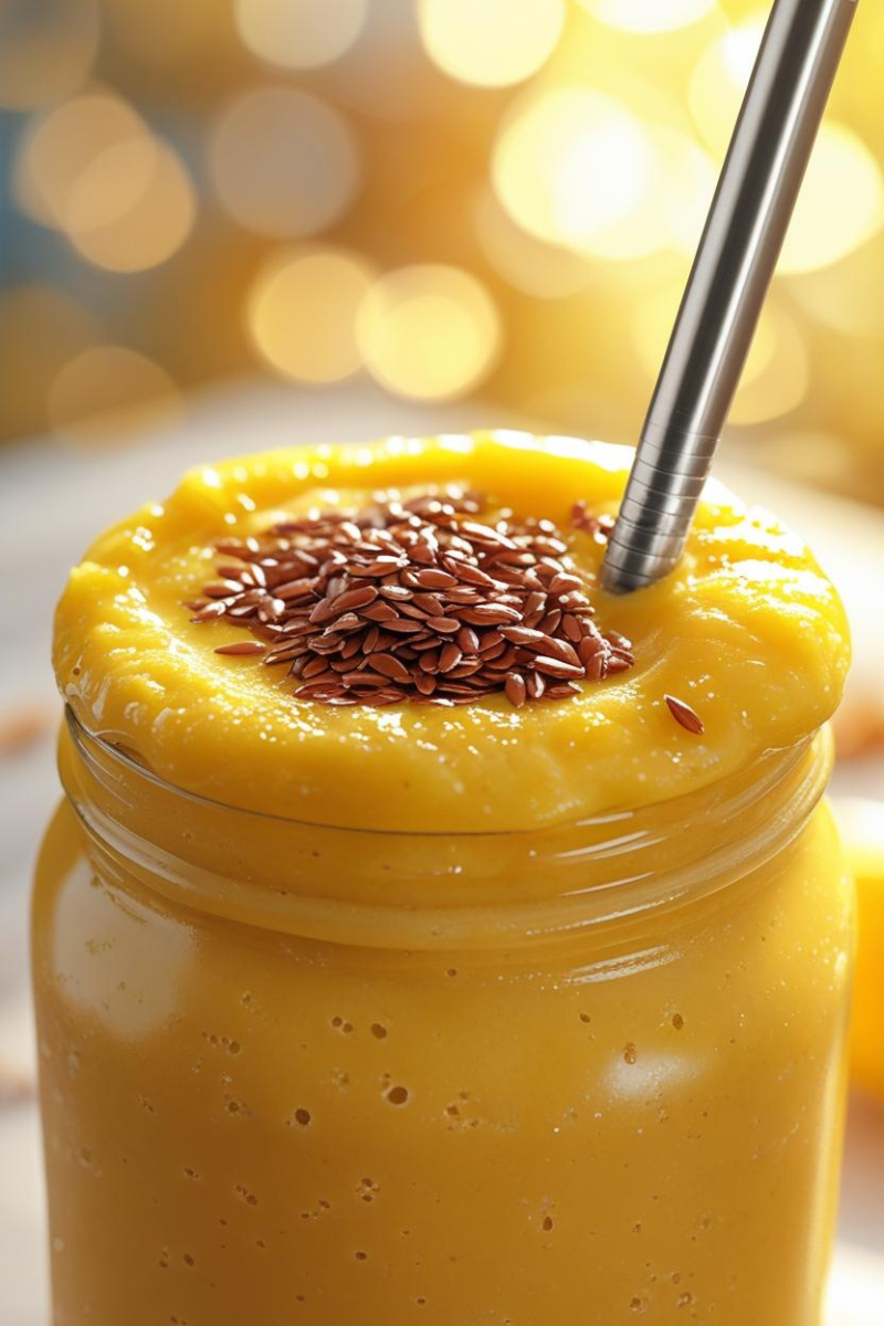 Creamy golden mango smoothie topped with flaxseeds, glowing in natural light — delicious anti-inflammatory support in a single glass.