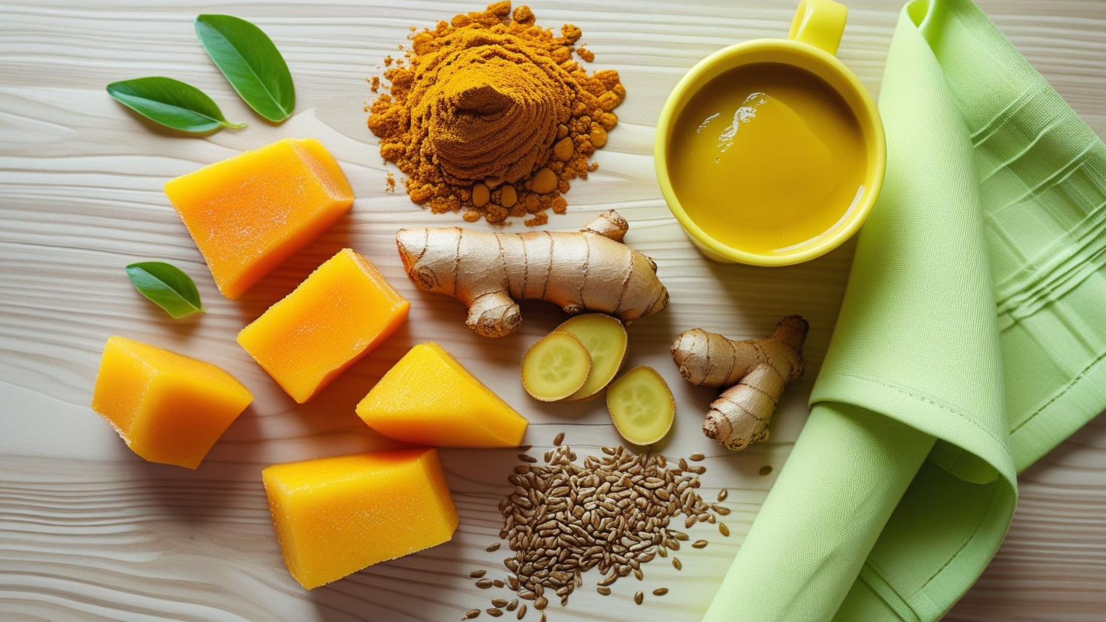 Flat lay of vibrant smoothie ingredients: mango chunks, turmeric, ginger, and flaxseeds — ready to blend into an energizing anti-inflammatory drink.