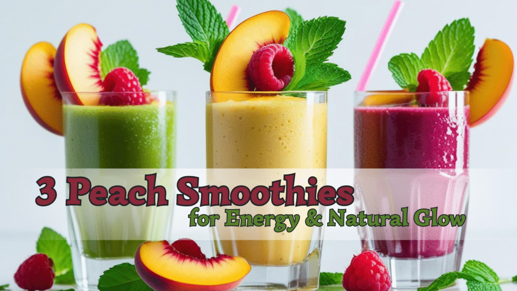 Three colorful peach smoothies with raspberry and kiwi – perfect for energy, glowing skin, and a refreshing summer boost