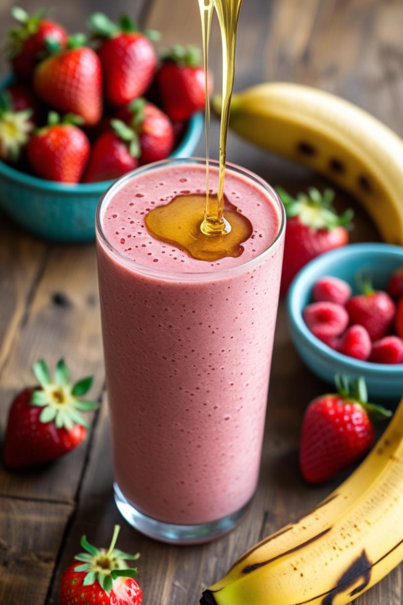 Light pink strawberry smoothie with banana and kefir, served in a tall glass with fresh strawberry slices and chia topping.