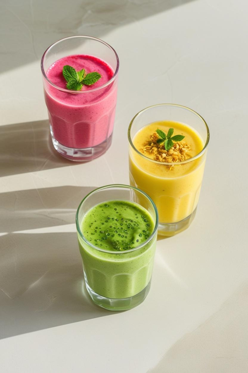 Flat lay of three colorful smoothies in glasses: pink with strawberries, yellow with mango, and green with mint, on a light background.