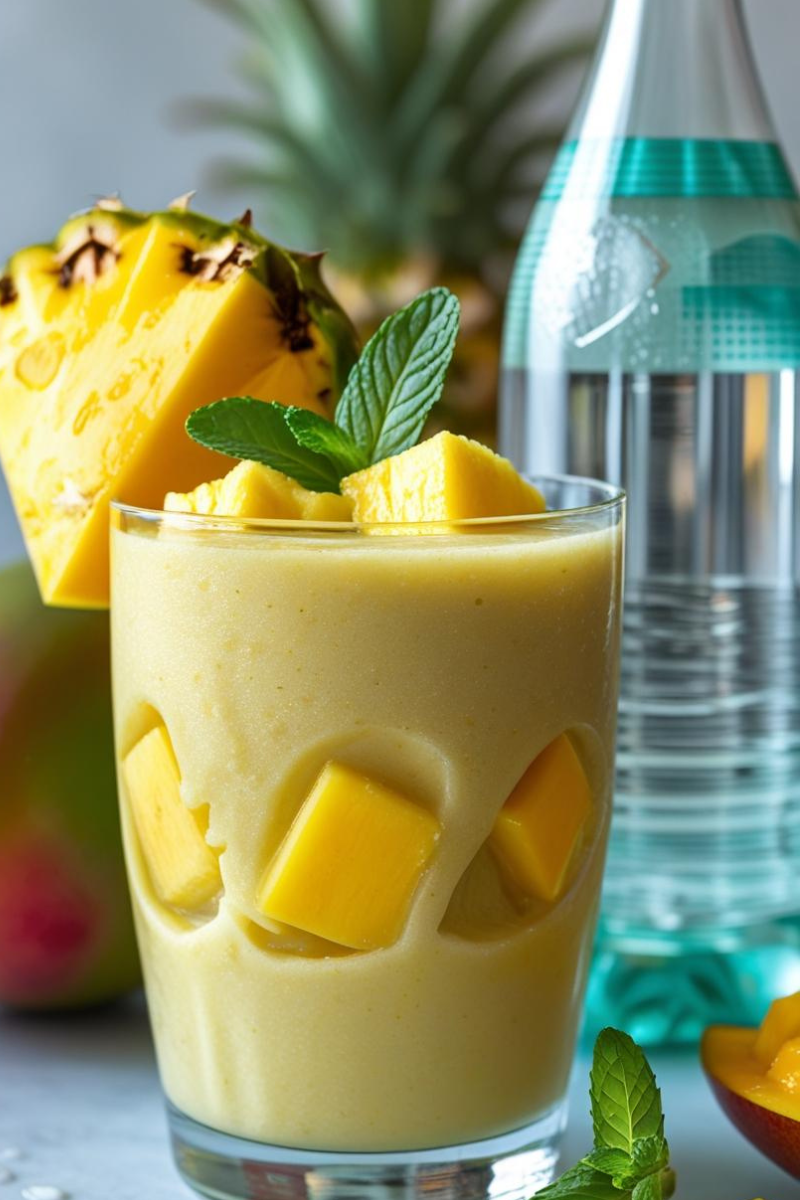 Vibrant tropical smoothie in a glass with mango, pineapple, mint, and sparkling water over ice — refreshing summer drink.