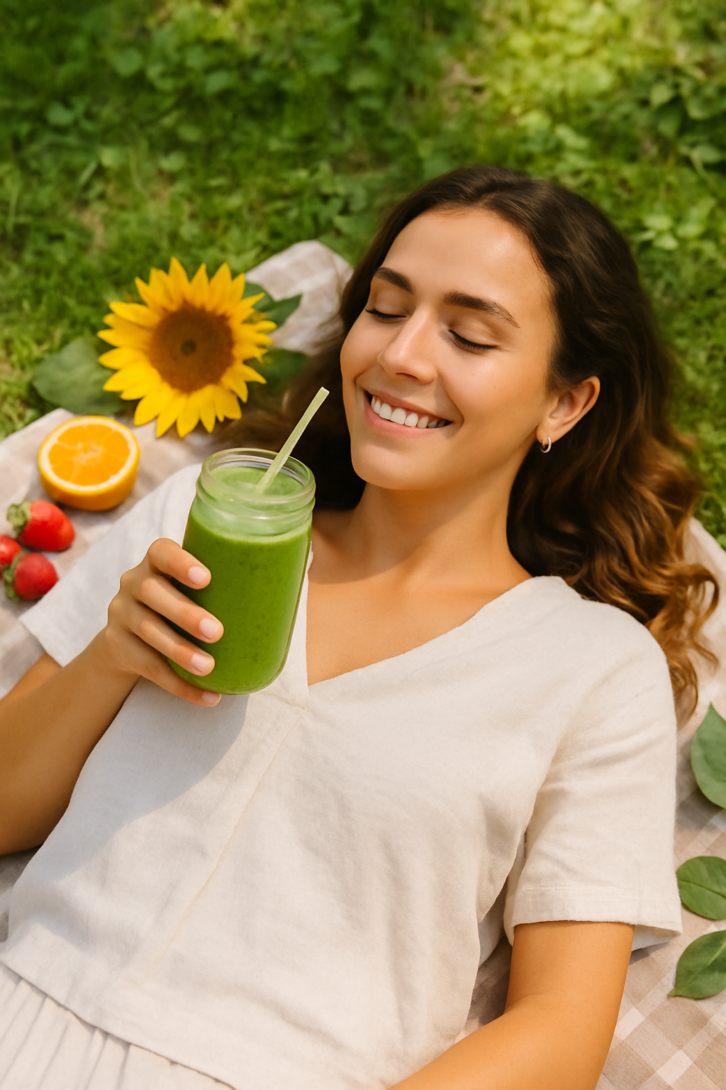 Woman relaxing outdoors with a green smoothie — symbol of natural vitality and wellness.