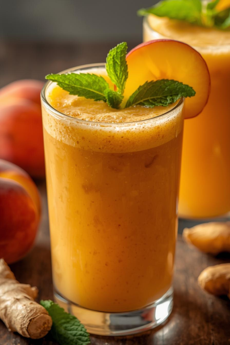Peach ginger smoothie topped with chia seeds