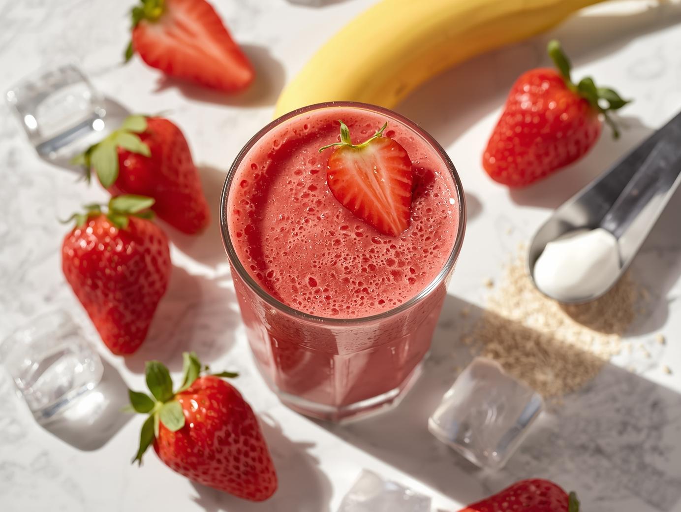 Strawberry gut health smoothie in a glass jar with fresh strawberries